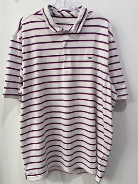 Vineyard Vines Men’s XL White Polo with Navy and Burgundy Stripes Performance